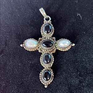 925 Black ONYX and PEARL Cross Pendant